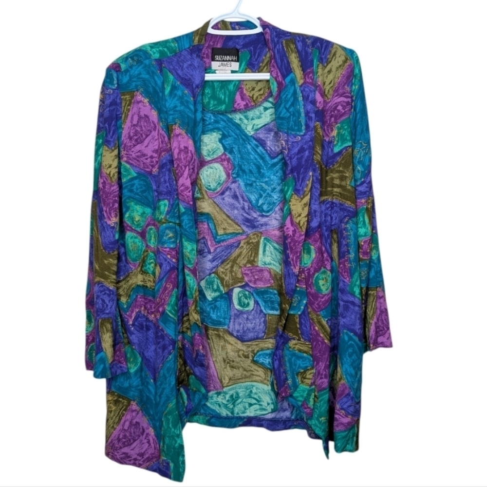Vintage Suzannah James Grandma Open Front Patterned Cardigan Blouse Women 16 80s